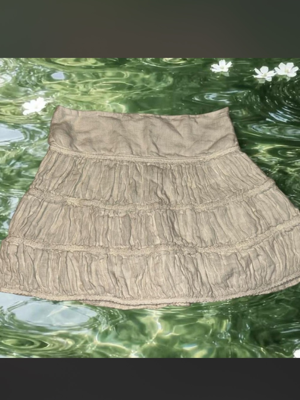 120% Lino Ivory Linen Crochet Trim Tiered Mini Skirt